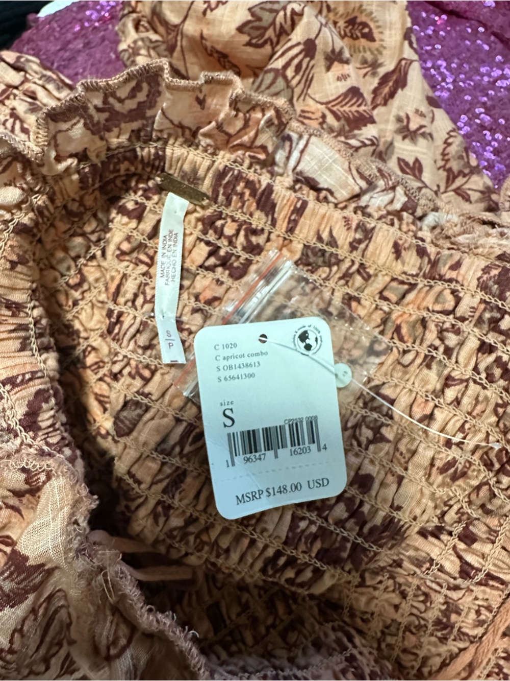 NWT Free People Smock It to Me Mini Dress Apricot Combo Pink Floral Size Small - Picture 5 of 7